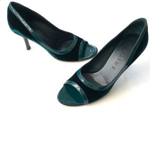 CELINE Green Velvet Patent Leather Peep Toe Heels